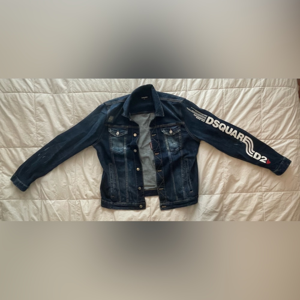DSQUARED2 Denim Jacket with Logo Sleeve Print – Size IT 52 (US Large)